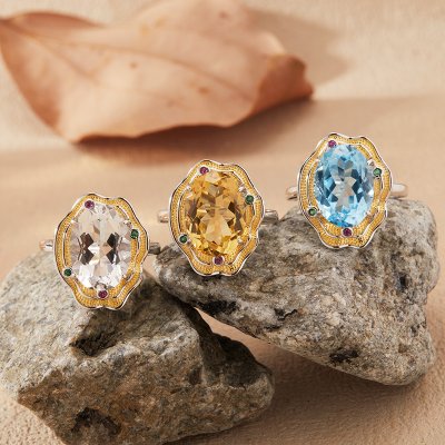 Natural Topaz Citrine and Amethyst Ring S925 Sterling Silver Gemstone Jewelry